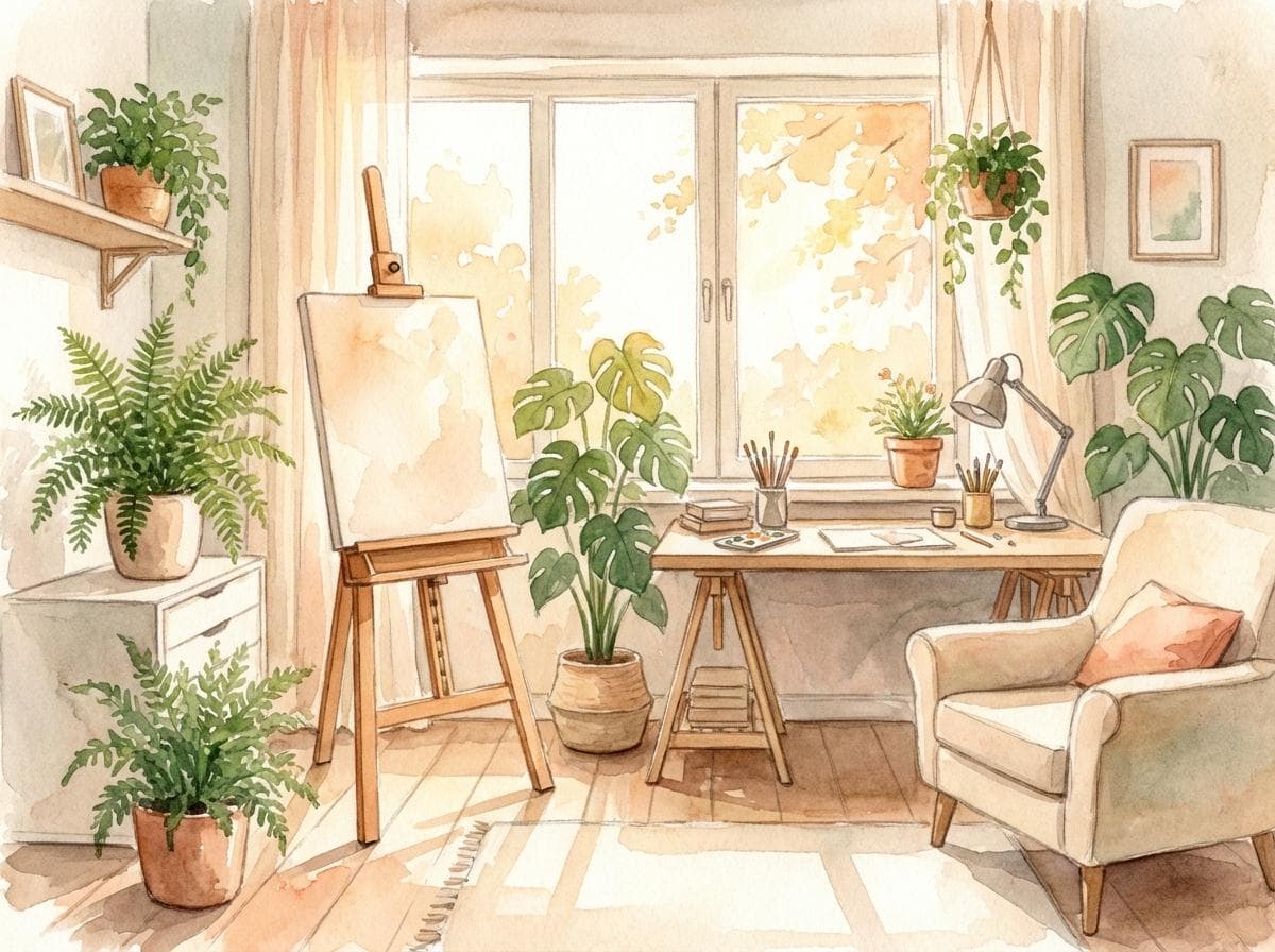Watercolor illustration of a creative studio